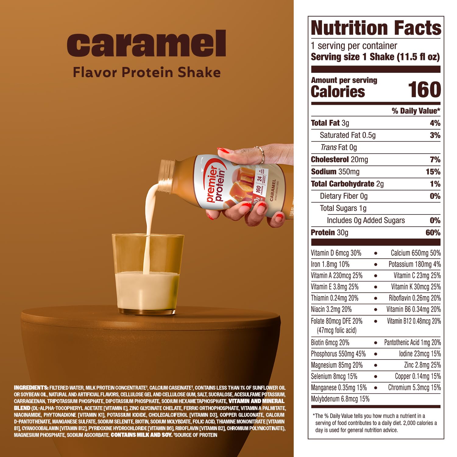 Premier Protein batido caramel mezclado en smoothie, receta rápida y nutritiva