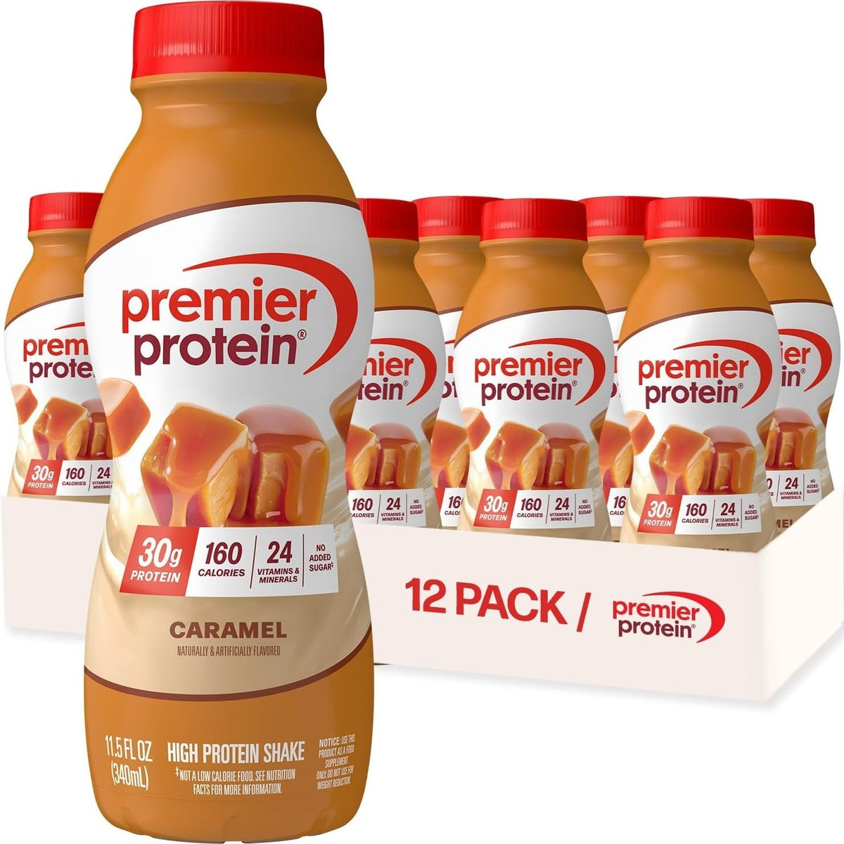 Premier Protein caramel front packaging showing ready-to-drink convenience