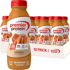 Premier Protein caramel front packaging showing ready-to-drink convenience