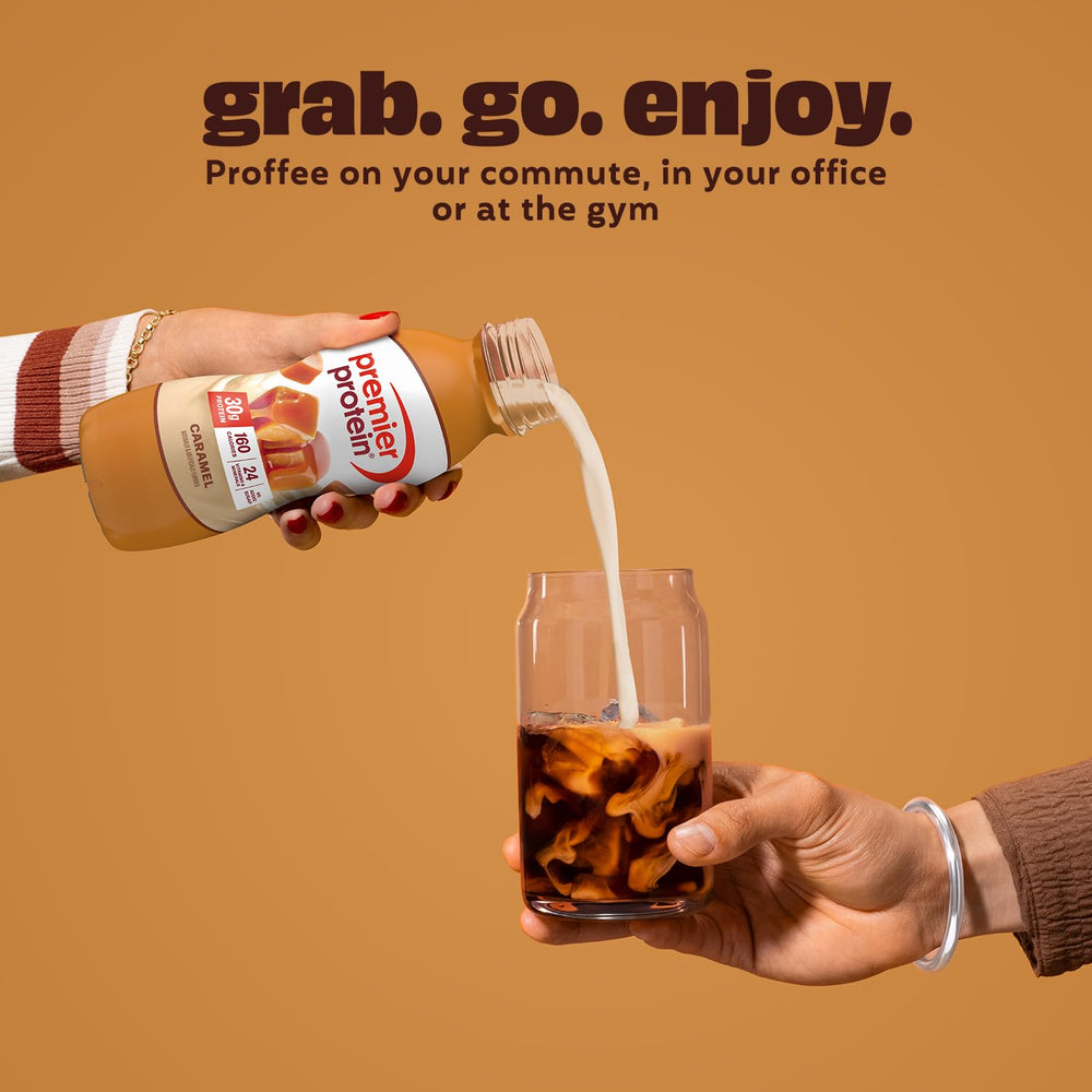 Premier Protein caramel held in hand to show bottle size and portability