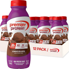 Premier Protein chocolate front packaging showing clear label and benefit