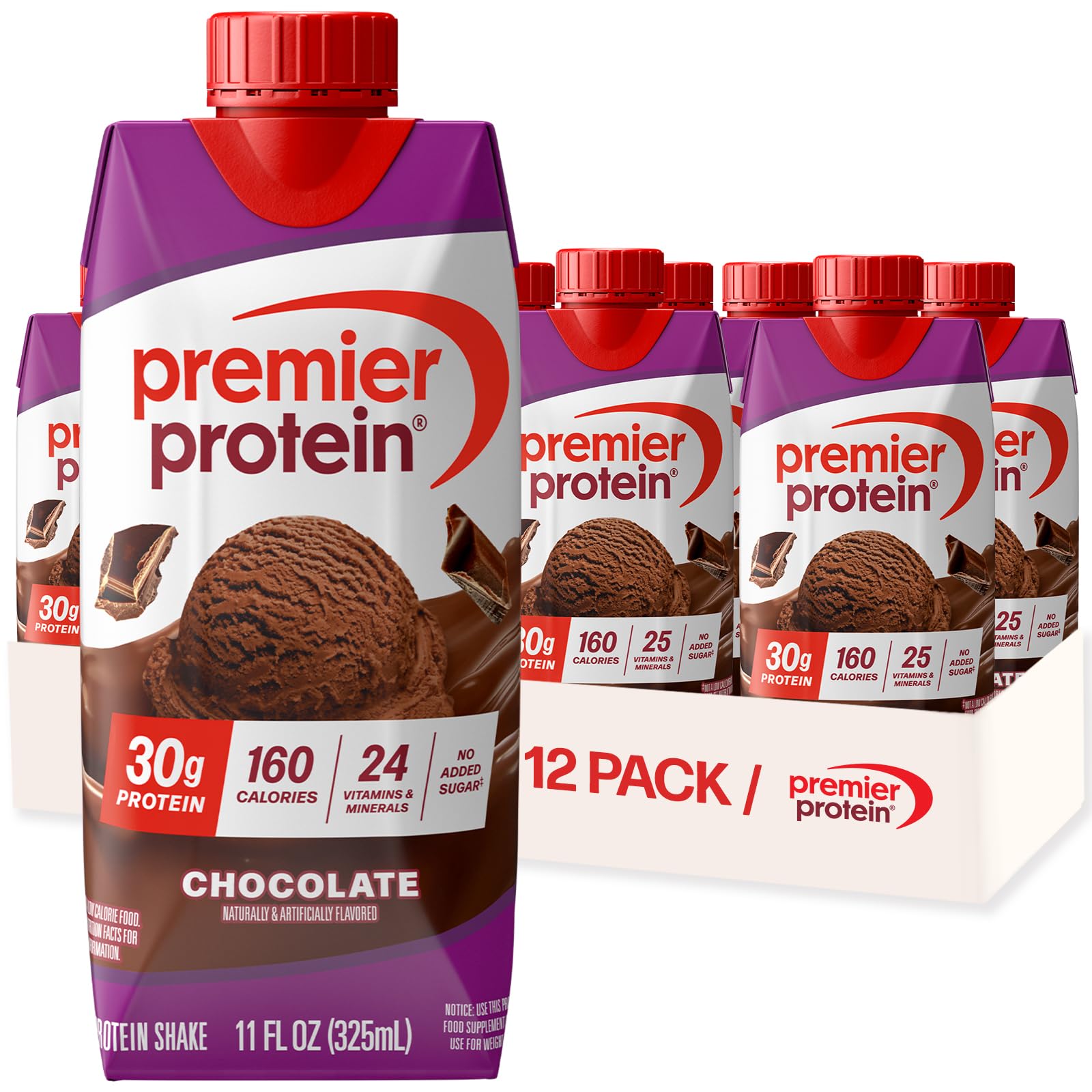 Premier Protein frontal del pack de 12 mostrando diseño y sabor chocolate, práctico y nutritivo
