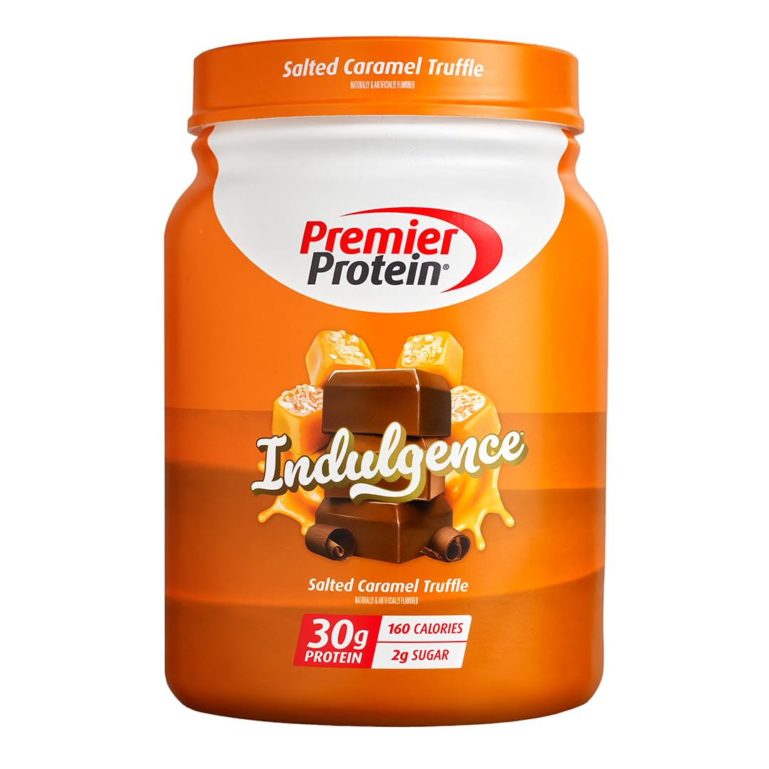 Premier Protein envase frontal con sabor salted caramel, presentación clara y atrayente