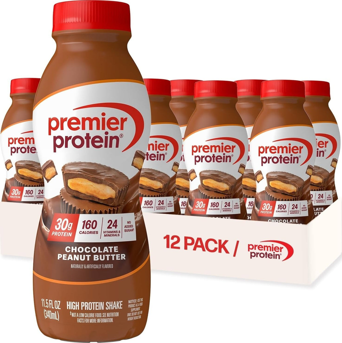 Premier Protein botella frontal Chocolate Peanut Butter mostrando diseño y tamaño práctico