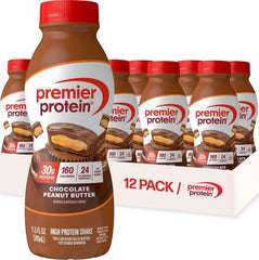 Premier Protein botella frontal Chocolate Peanut Butter mostrando diseño y tamaño práctico