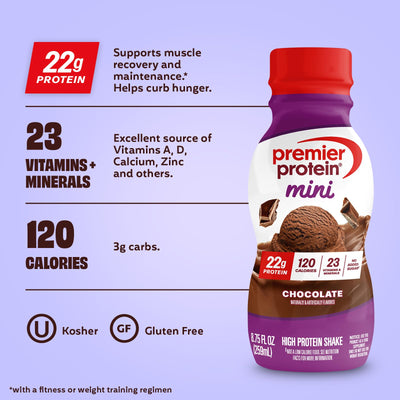 Premier Protein MINI next to a smartphone showing compact portable size benefit