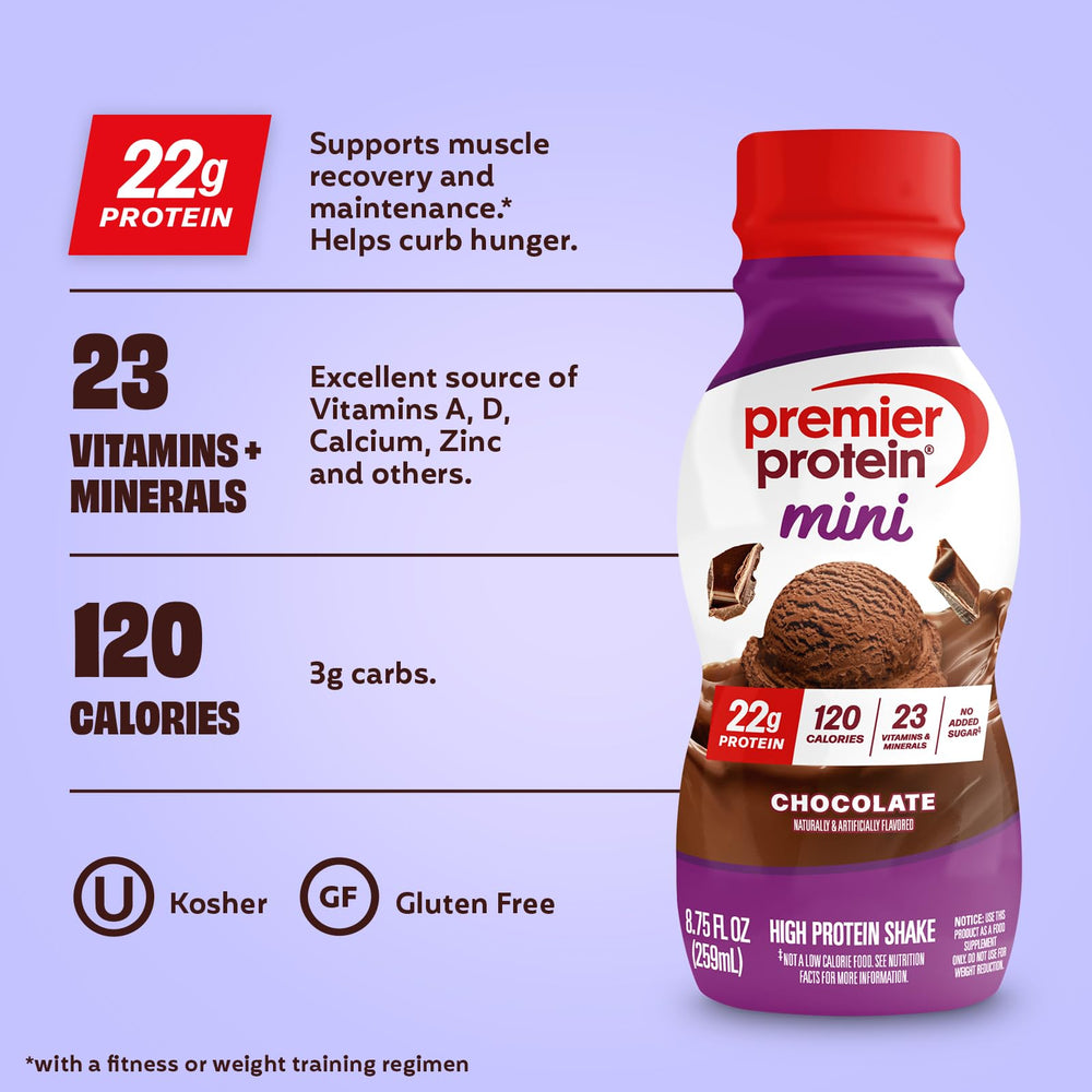 Premier Protein MINI next to a smartphone showing compact portable size benefit