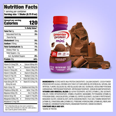 Premier Protein MINI chocolate shake close-up highlighting creamy texture benefit