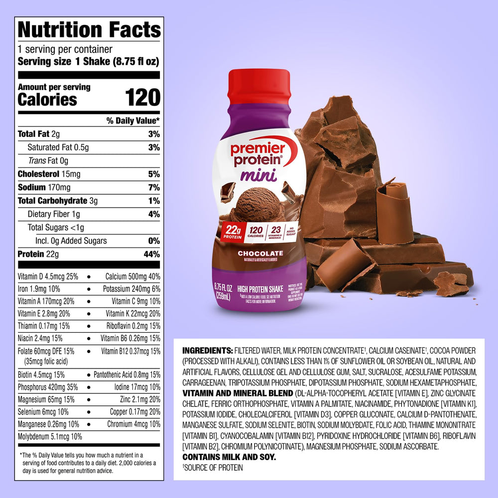 Premier Protein MINI chocolate shake close-up highlighting creamy texture benefit