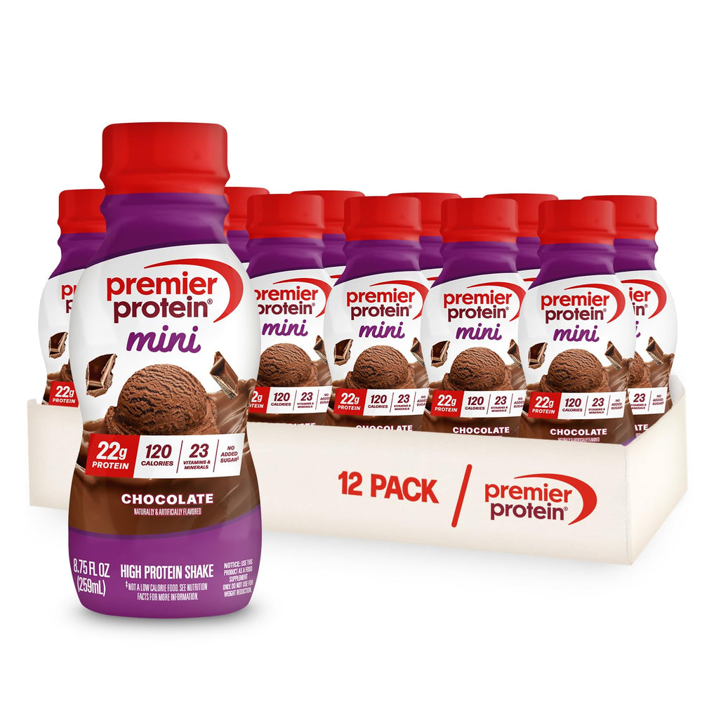 Premier Protein front packaging showing chocolate MINI bottle and benefits