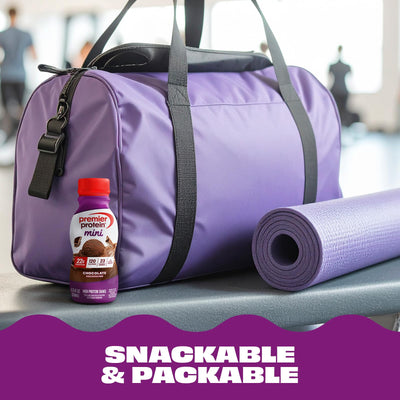 Twelve Premier Protein MINI chocolate bottles arranged to show pack convenience