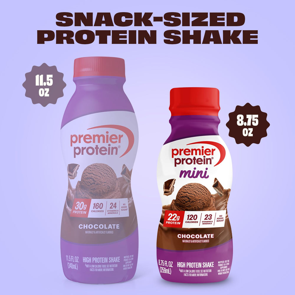 Premier Protein MINI nutrition label close-up showing protein and vitamins benefit