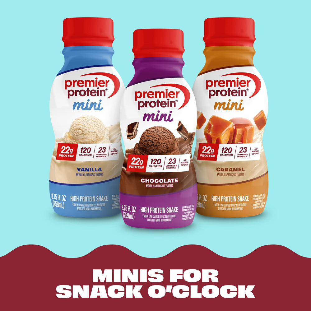 Twelve-pack of Premier Protein MINIs vanilla stacked showing value and variety benefit