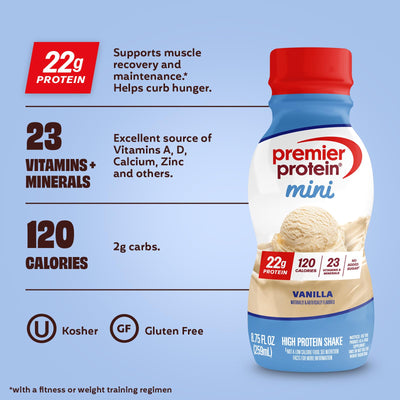 Hand holding Premier Protein MINI vanilla bottle showing portable size benefit