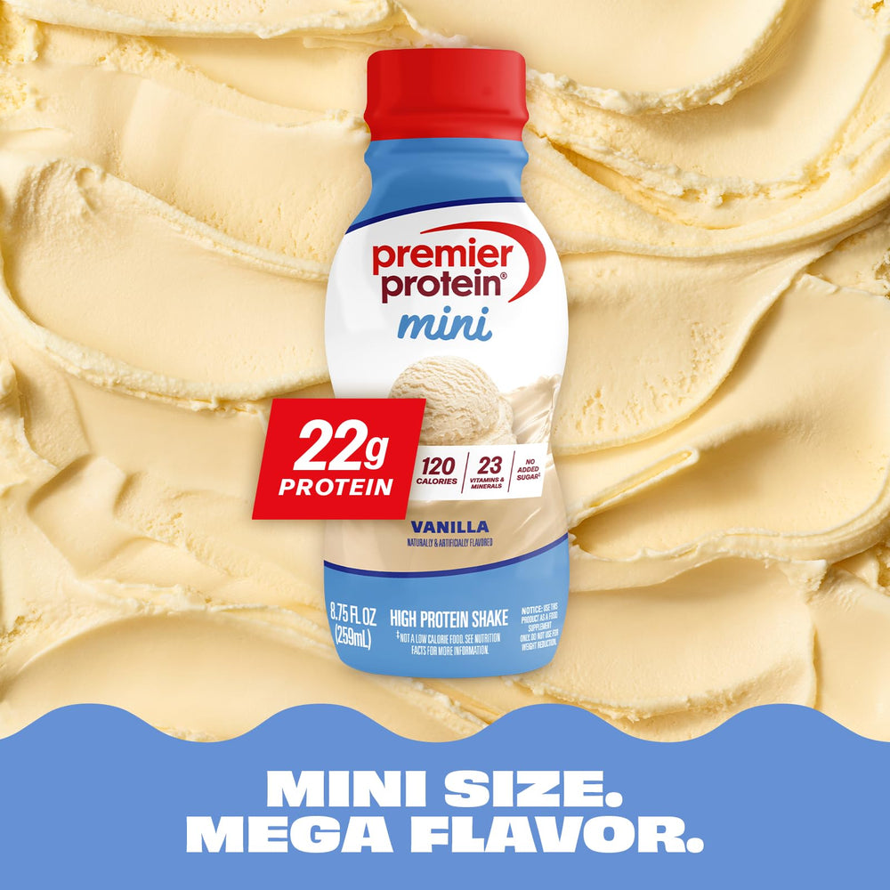 Nutrition label close-up on Premier Protein MINI vanilla showing vitamins benefit