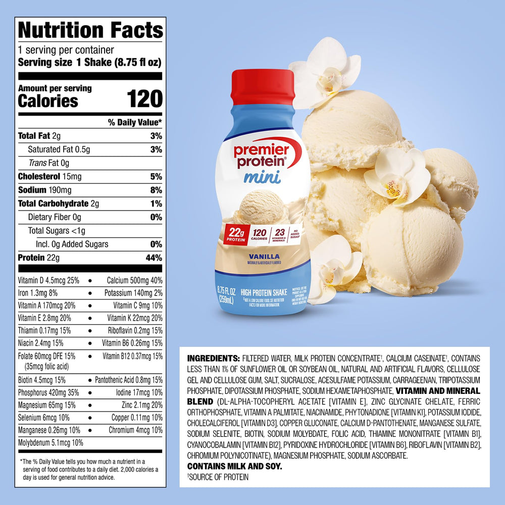 Close-up of Premier Protein MINI vanilla open cap highlighting convenience benefit