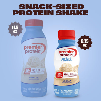 Smooth pour of Premier Protein MINI vanilla into glass showing creamy texture benefit