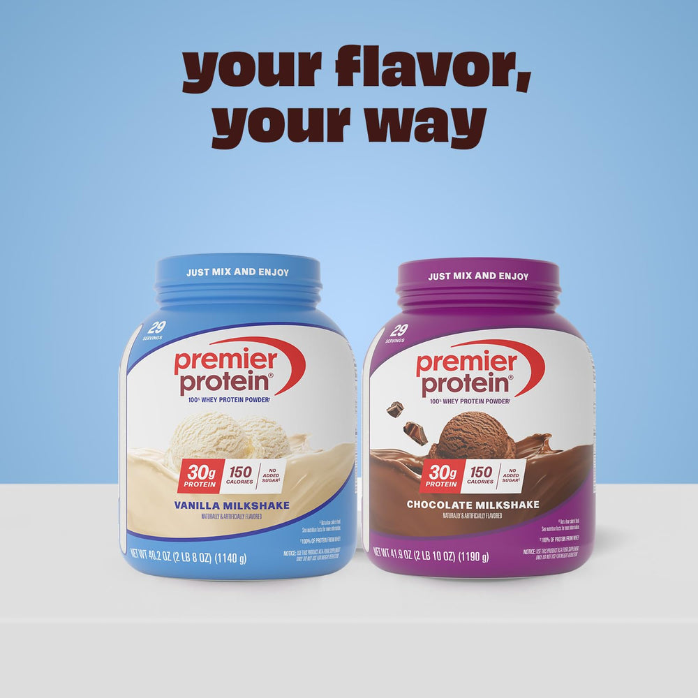 Premier Protein envase junto a una mano para ver la escala y tamaño de 29 porciones