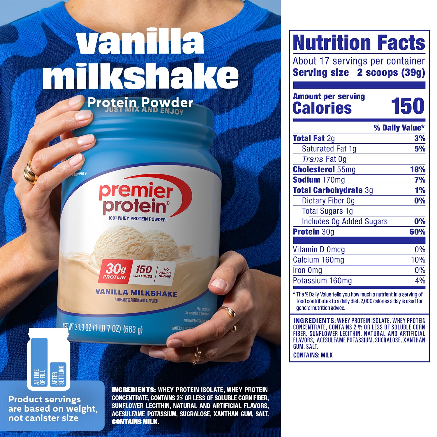 Premier Protein bote con cuchara, indicando 17 servicios por envase