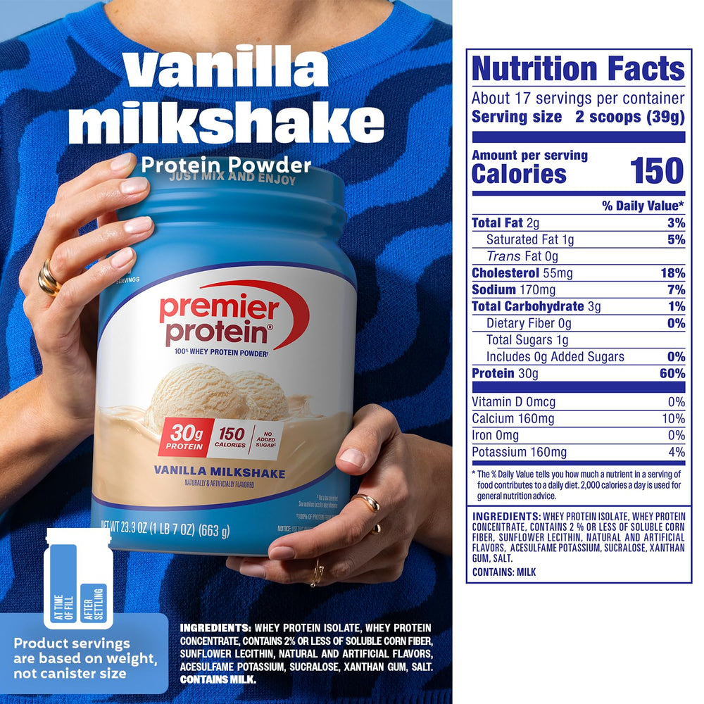 Premier Protein bote con cuchara, indicando 17 servicios por envase