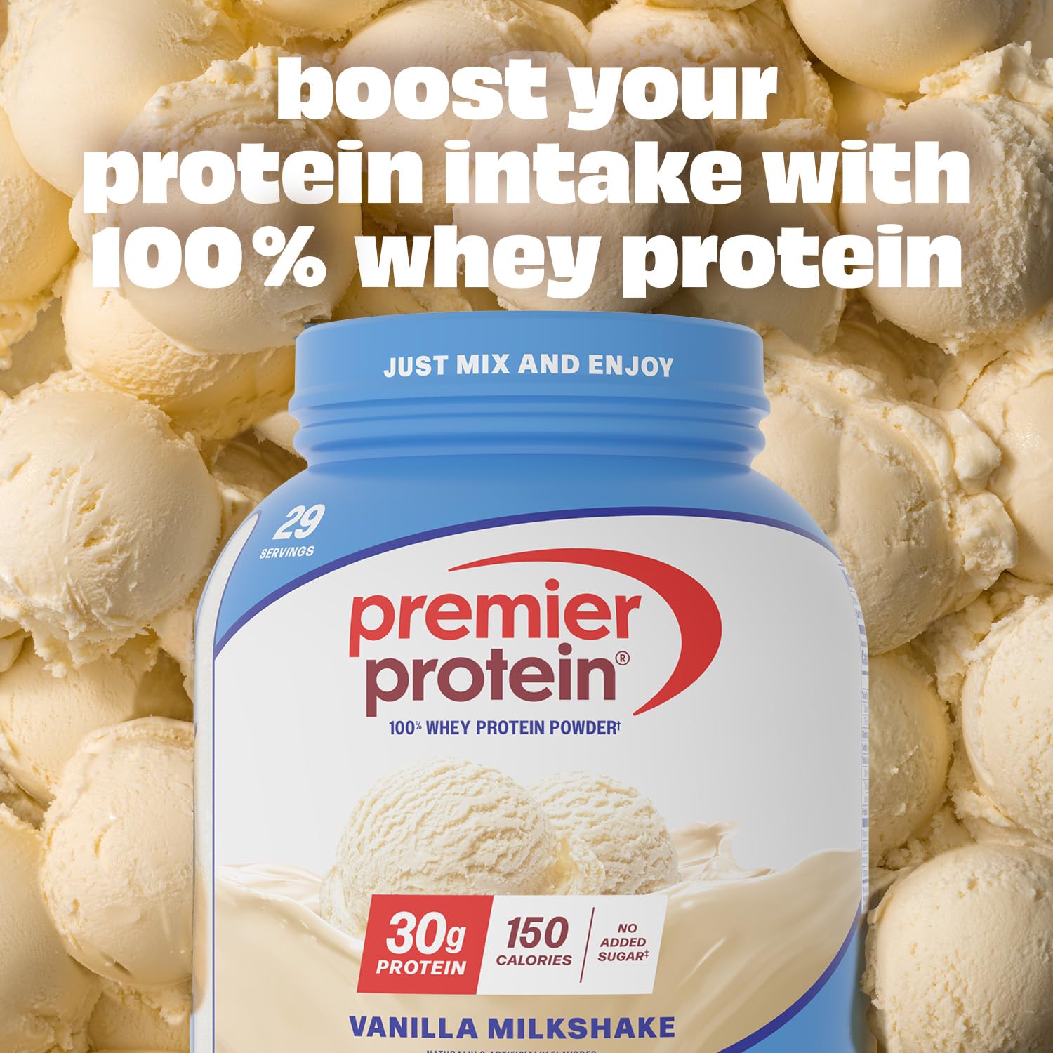 Premier Protein textura del polvo en primer plano, fácil disolución y mezcla