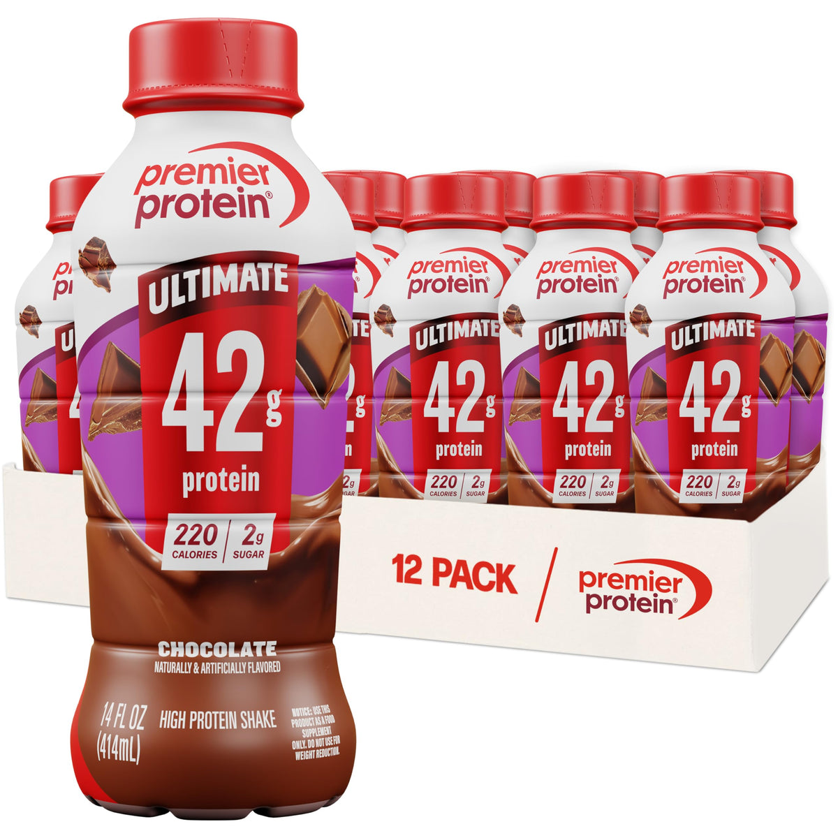 Premier Protein primer plano frontal del envase chocolate, sabor cremoso y nutrición