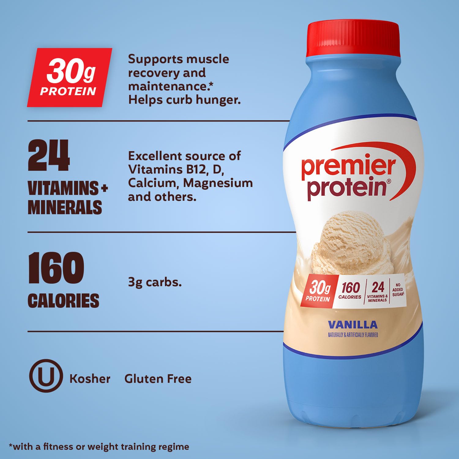 Premier Protein vertido mostrando textura cremosa y sabor vainilla