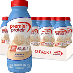 Premier Protein frente del pack de 12 botellas con efecto listo para beber