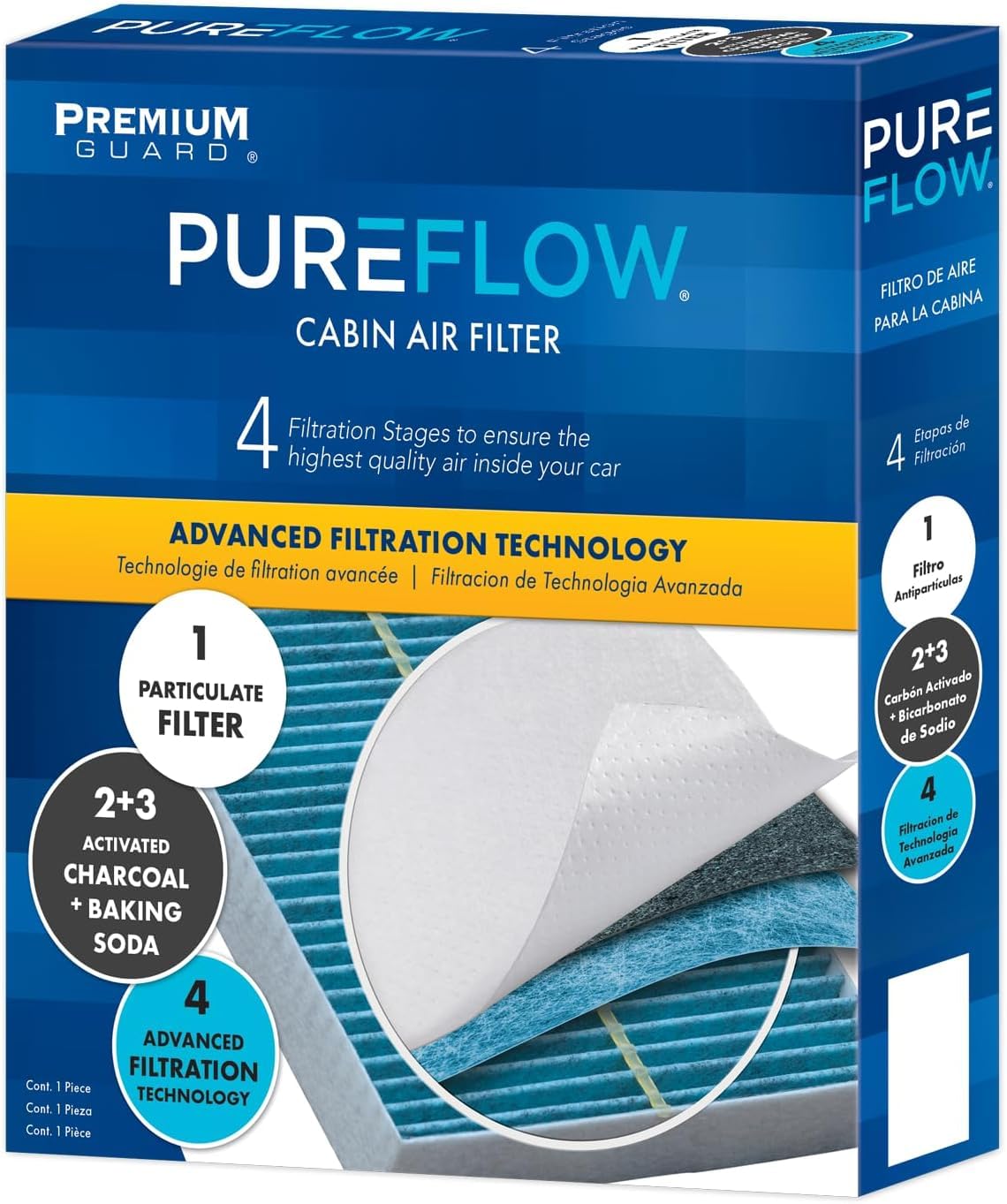 Premium Guard filtro PUREFLOW frente del empaque mostrando modelo y beneficios