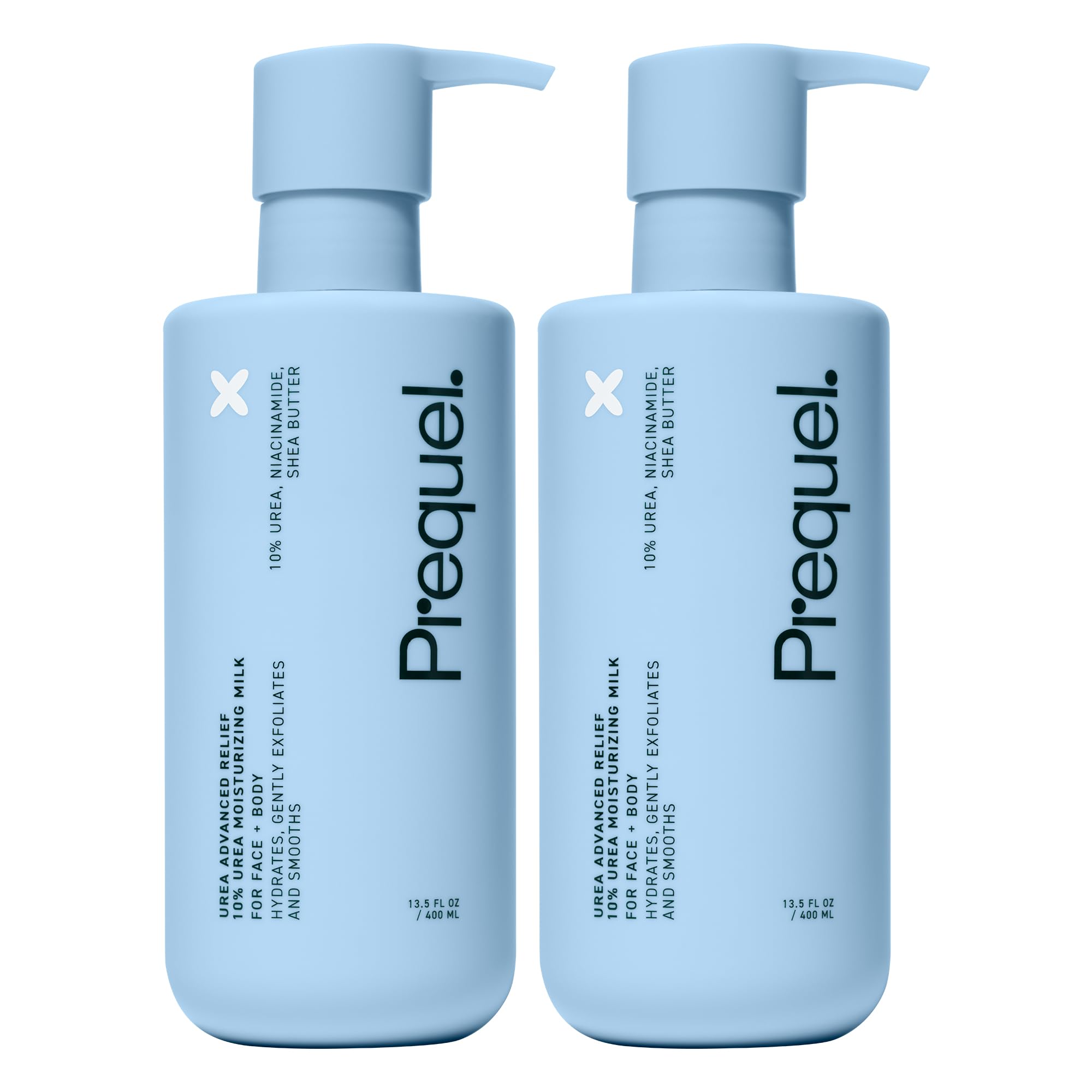 Prequel loción frontal pack doble mostrando envases y beneficio hidratación
