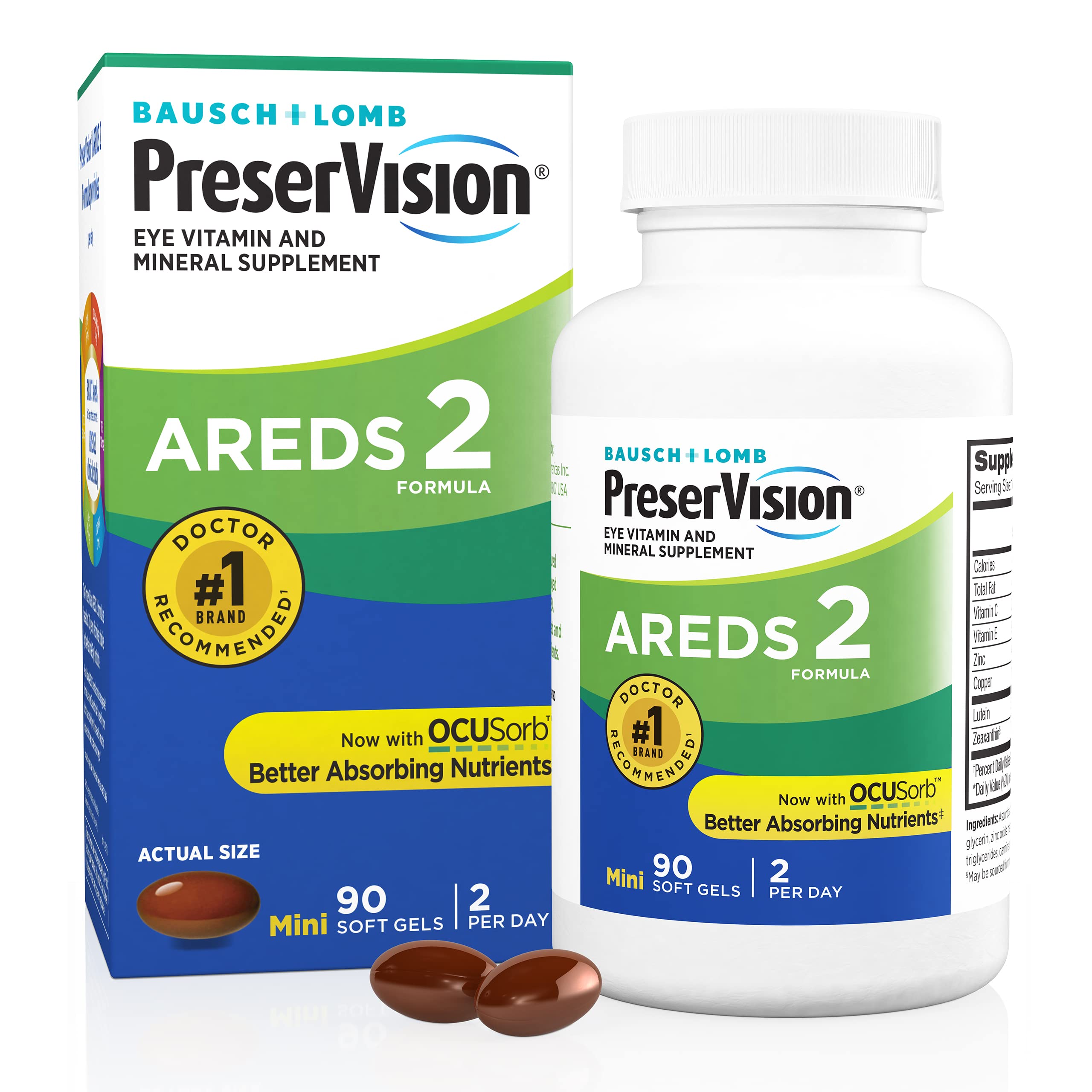 PreserVision frente del envase mostrando 90 softgels y beneficios