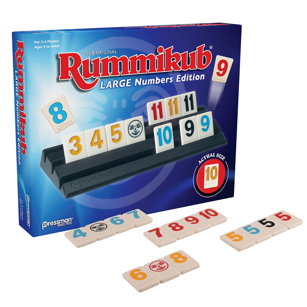 Pressman Rummikub primer plano de fichas con números grandes, mejora legibilidad