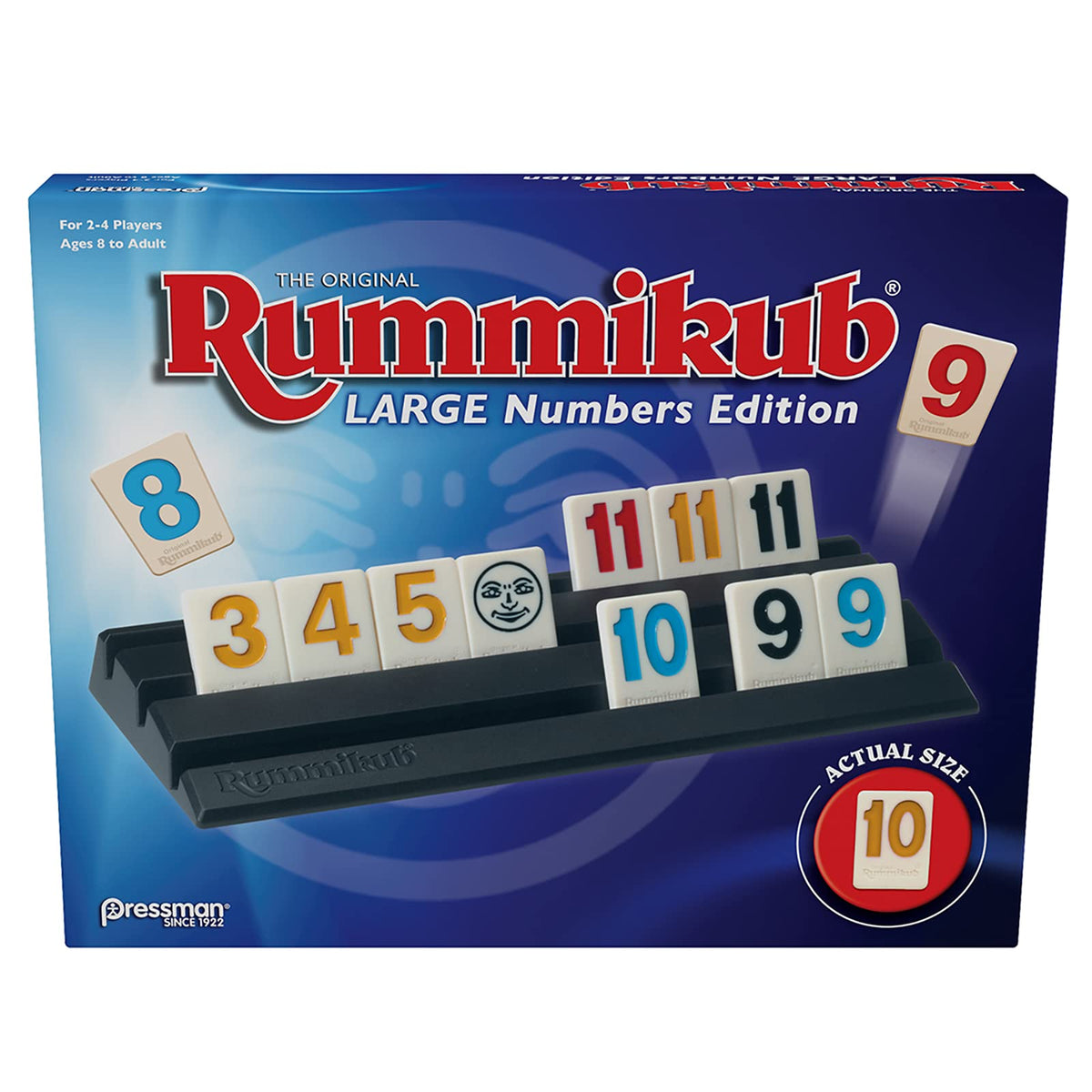 Pressman Rummikub vista del set completo con fichas y soportes, fácil identificación