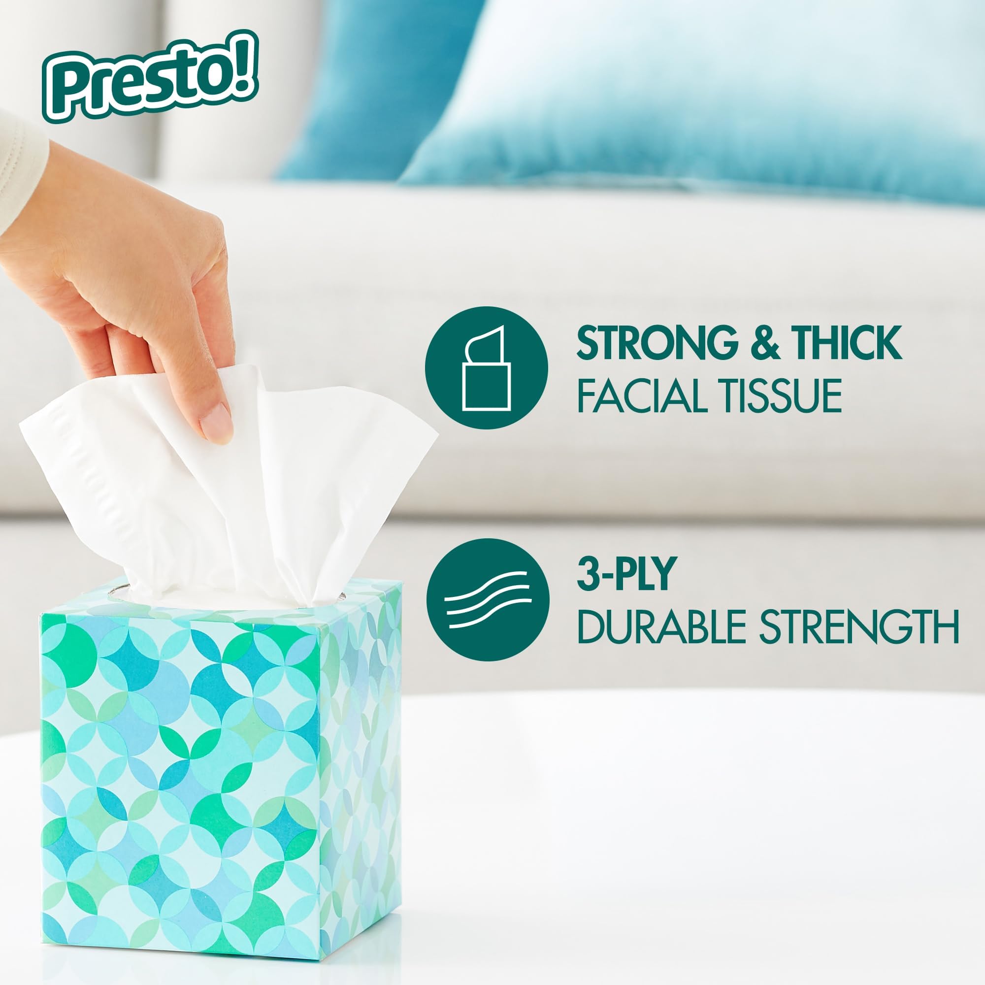 Presto! caja abierta con un pañuelo sobresaliendo para extracción sencilla