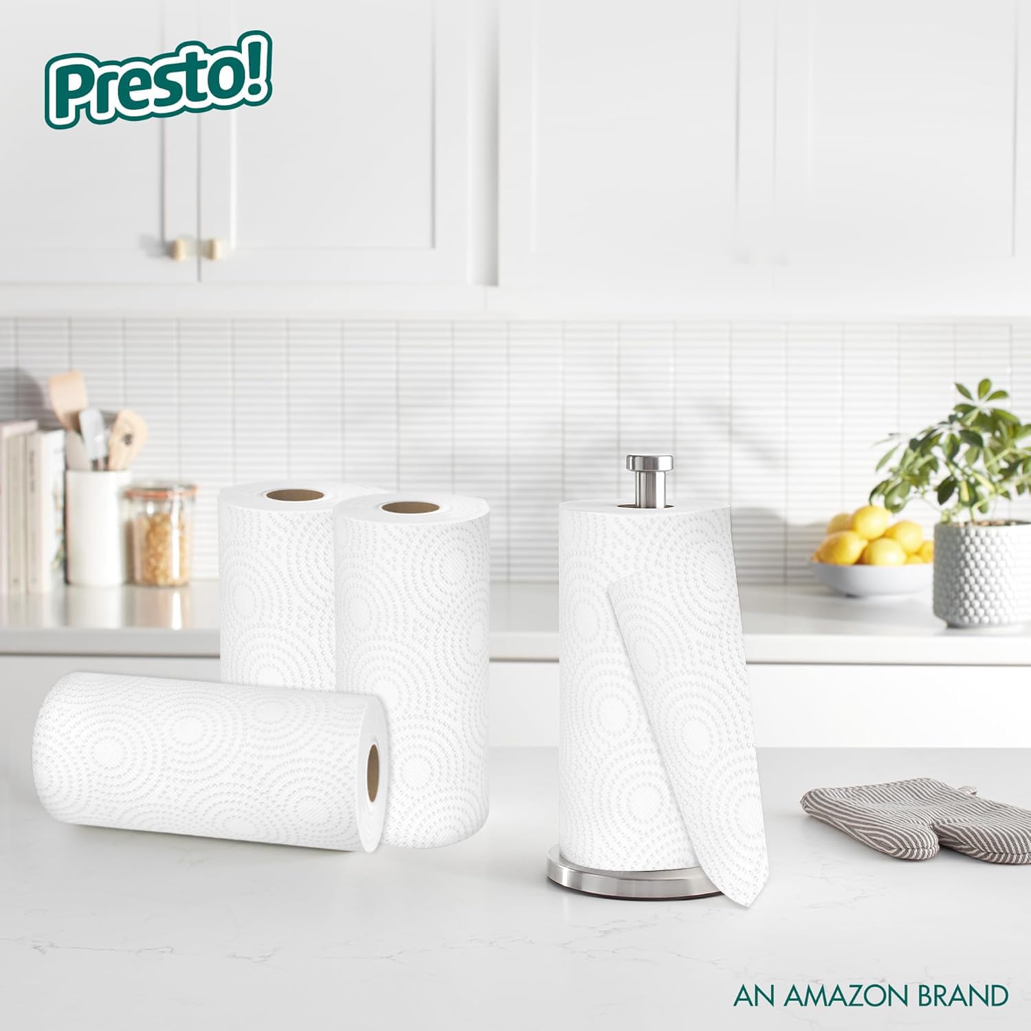 Presto! empaque con etiqueta que indica 20% materiales reciclados