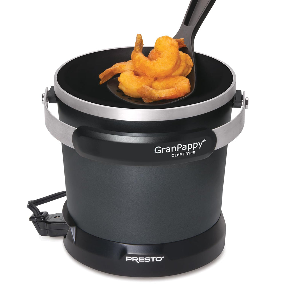 Presto GranPappy snap-on lid storing strained oil safely to prevent spills and odors