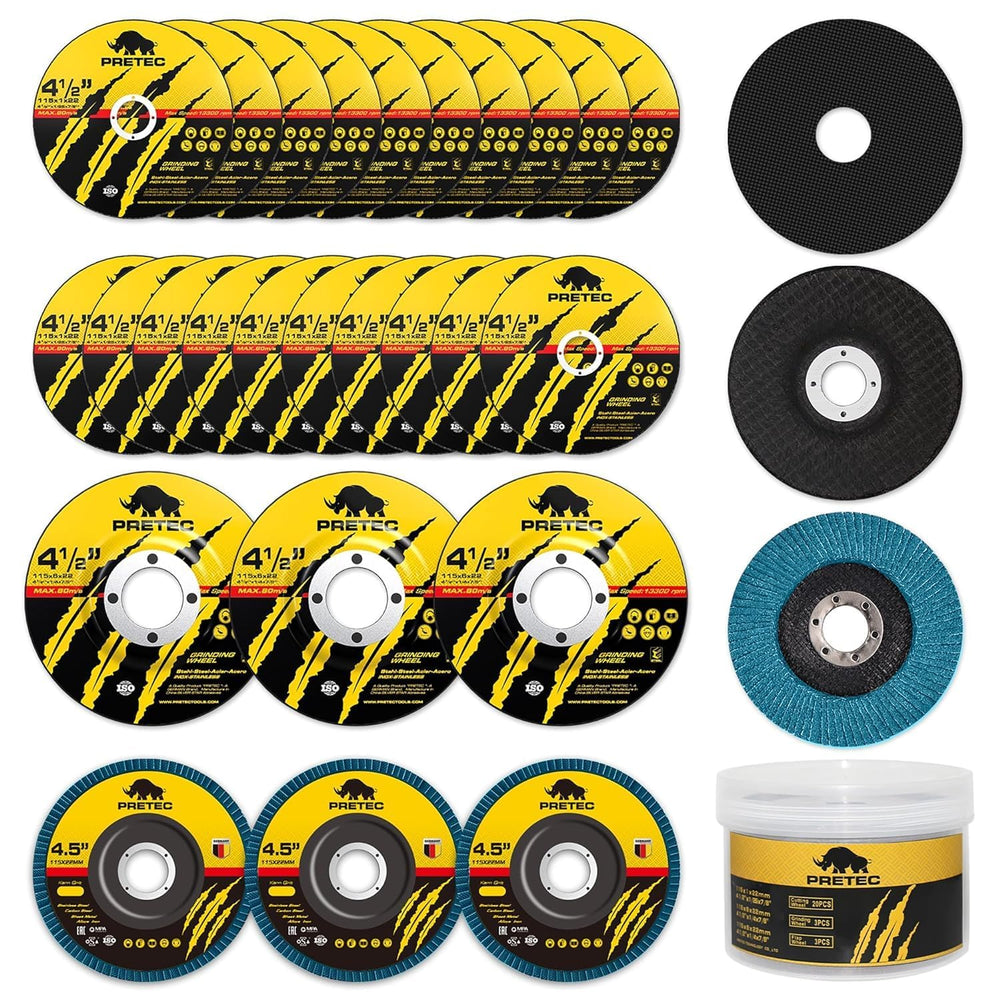 PRETEC front packaging showing full 26-piece 4.5" disc kit and benefits