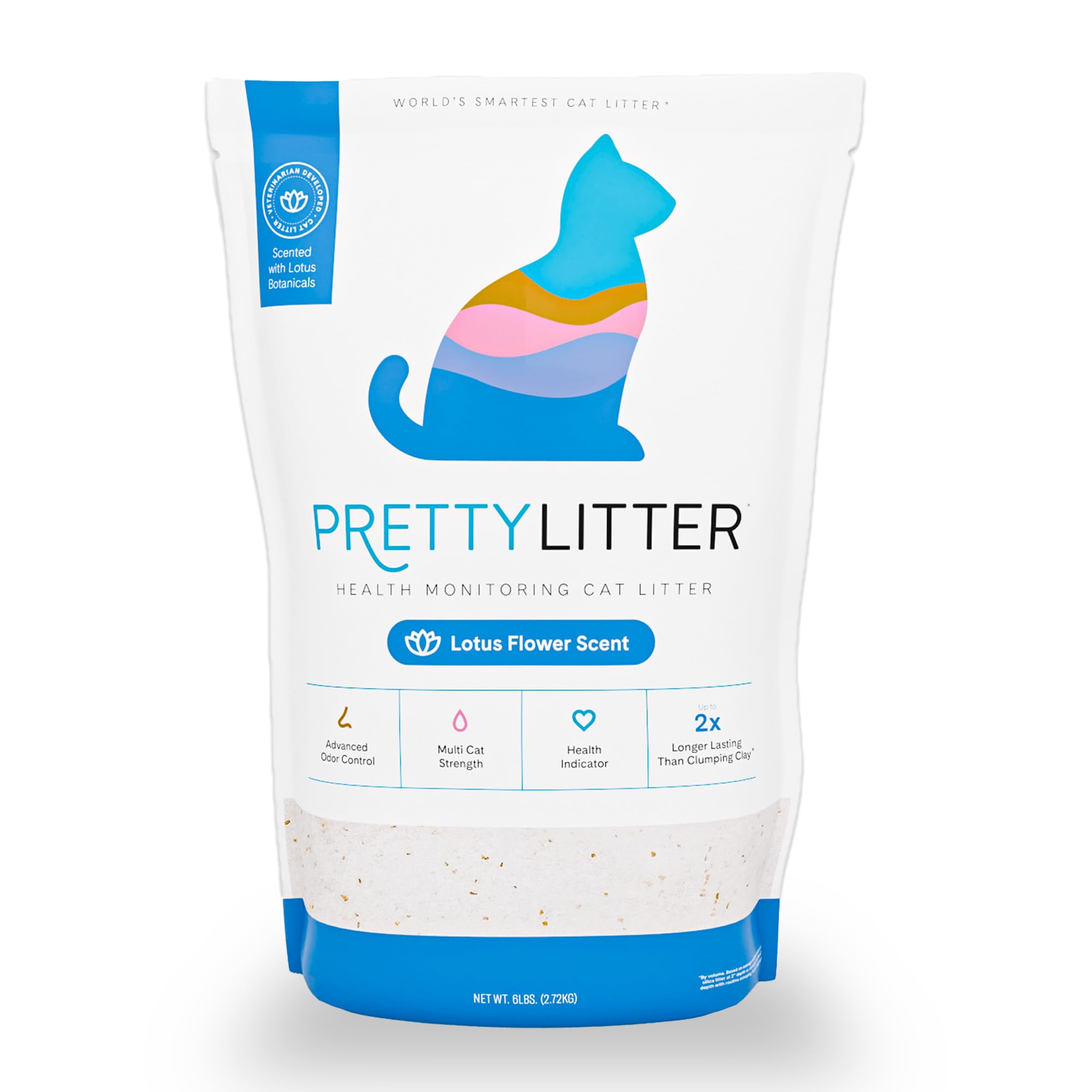 Pretty Litter bolsa frontal Lotus 6 lb mostrando diseño y etiqueta, fácil almacenamiento