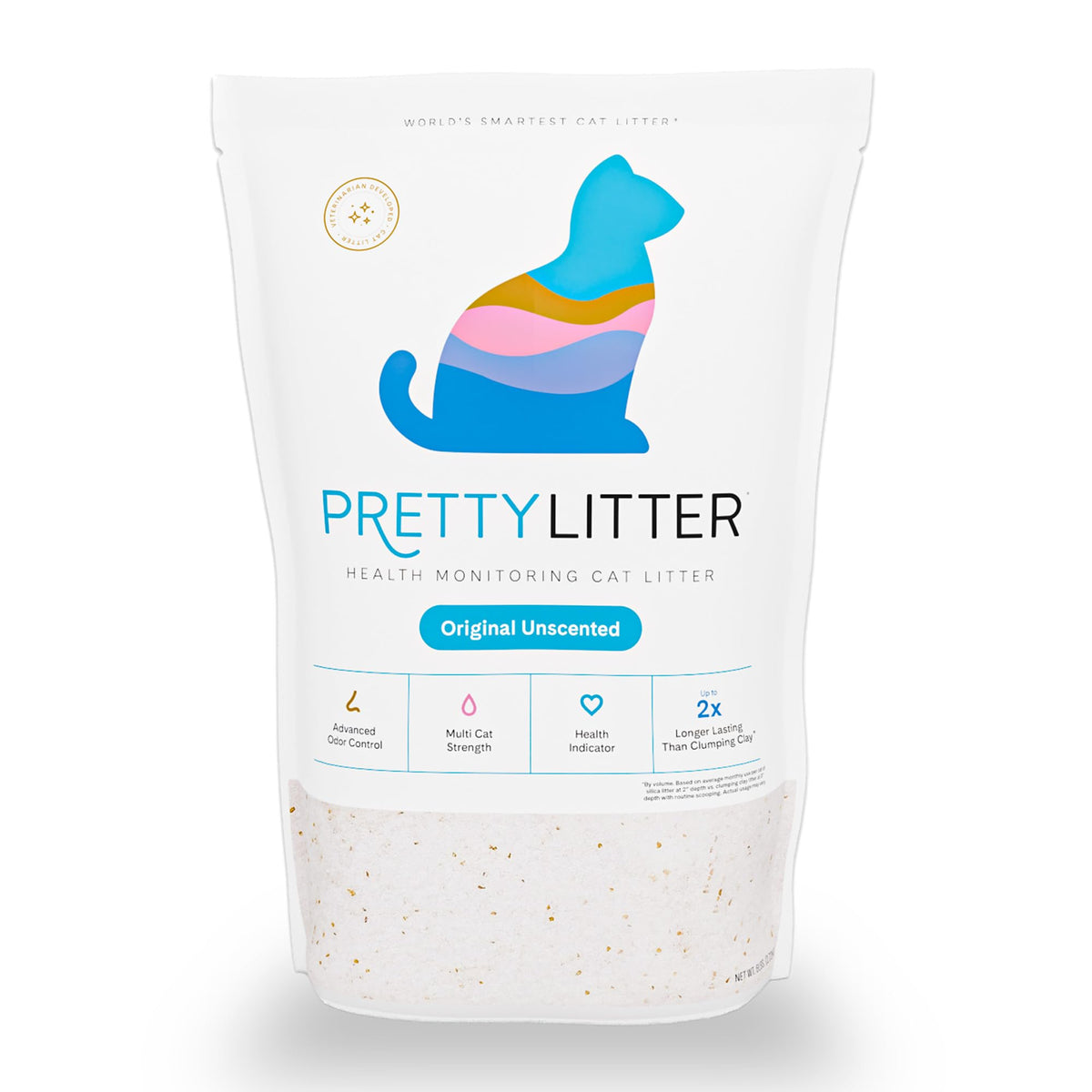 PrettyLitter bolsa frontal 6 lb mostrando empaque y beneficio de control de olores
