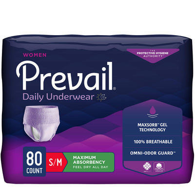 Prevail empaque frontal lavanda mostrando paquete de 80 unidades y apariencia discreta