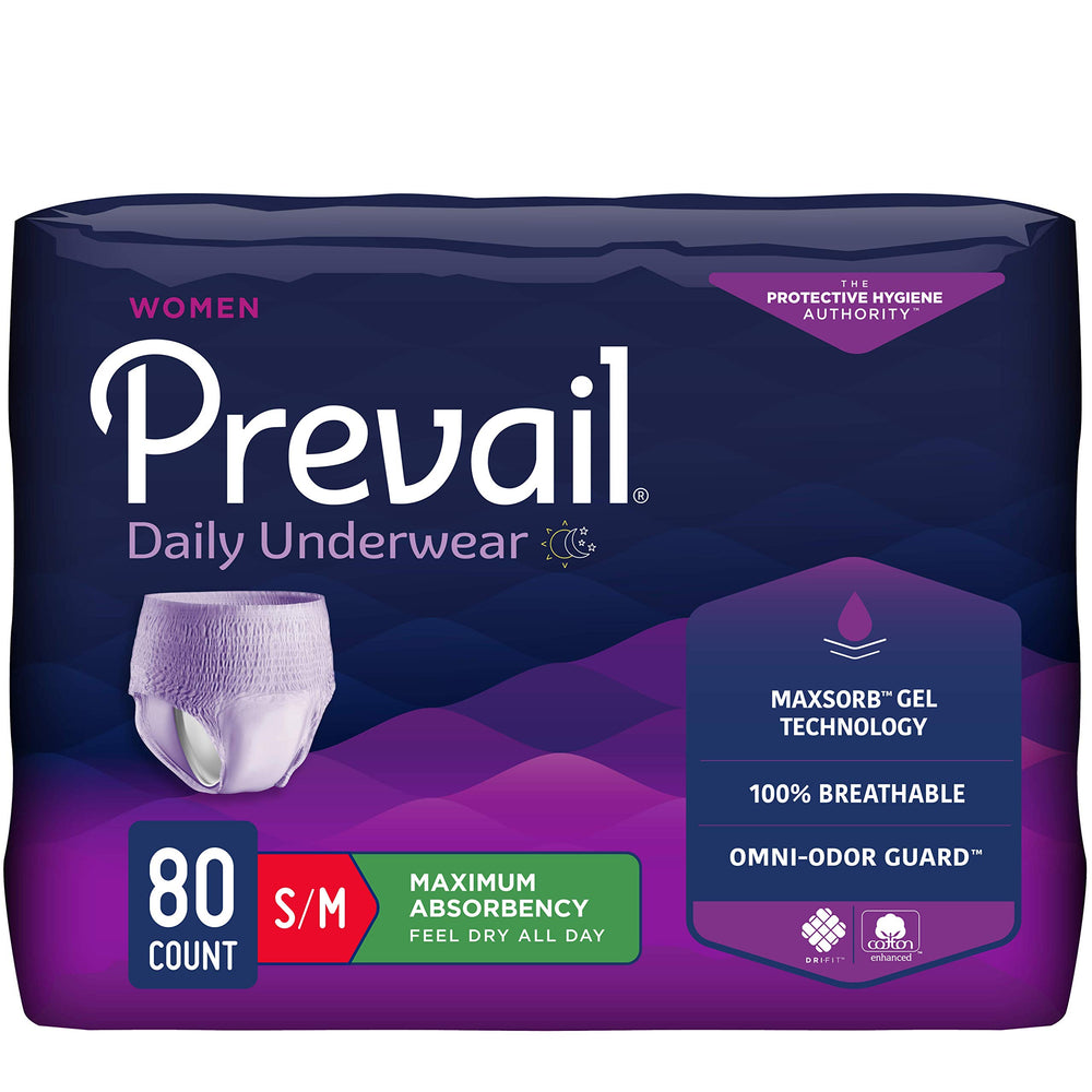 Prevail empaque frontal lavanda mostrando paquete de 80 unidades y apariencia discreta