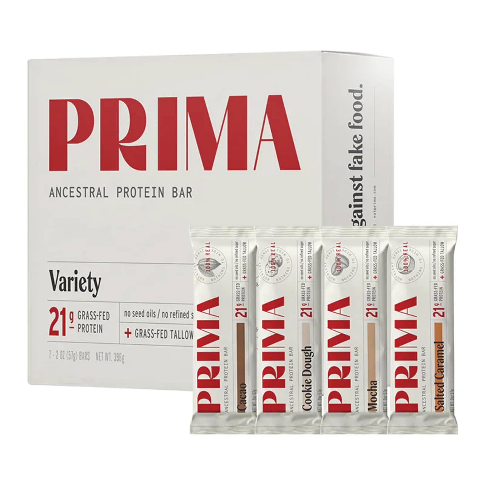 PRIMA bar frontal del empaque mostrando variedad y proteína