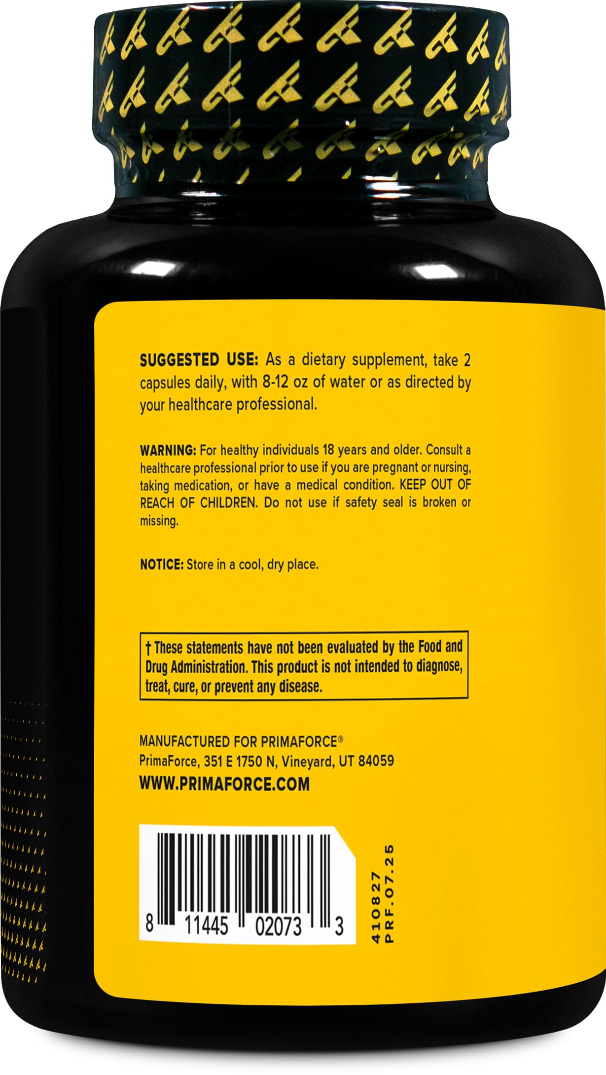 Open Primaforce bottle with capsules spilling, showing large 270-count supply benefit