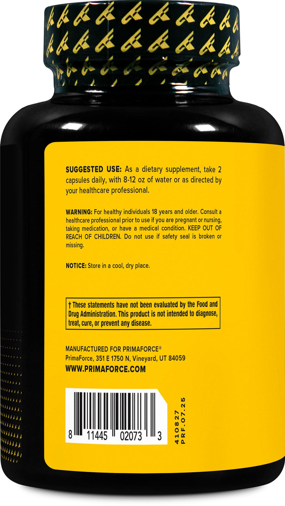 Open Primaforce bottle with capsules spilling, showing large 270-count supply benefit
