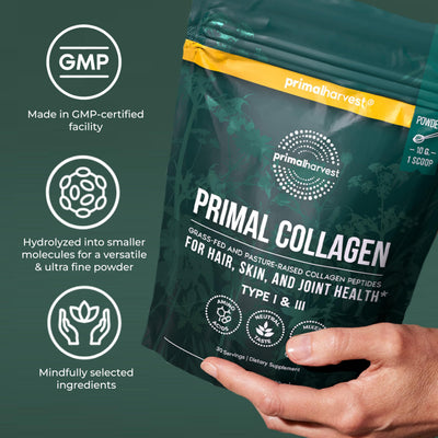 Primal Harvest label close-up showing Types I and III and testing benefit