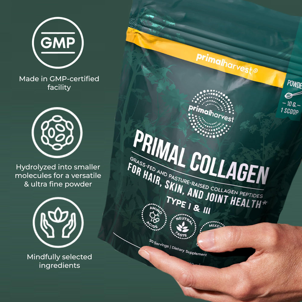 Primal Harvest label close-up showing Types I and III and testing benefit