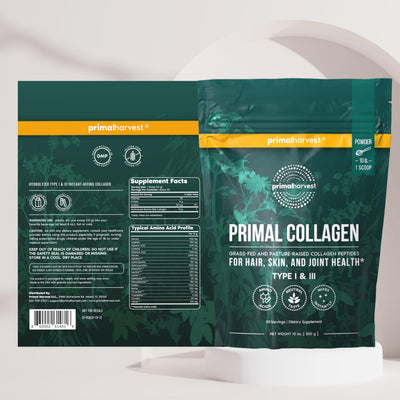 Primal Harvest next to scale showing 10g scoop and portion control benefit
