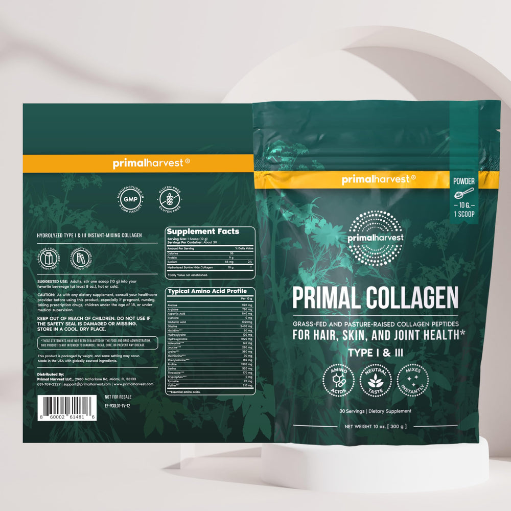 Primal Harvest next to scale showing 10g scoop and portion control benefit