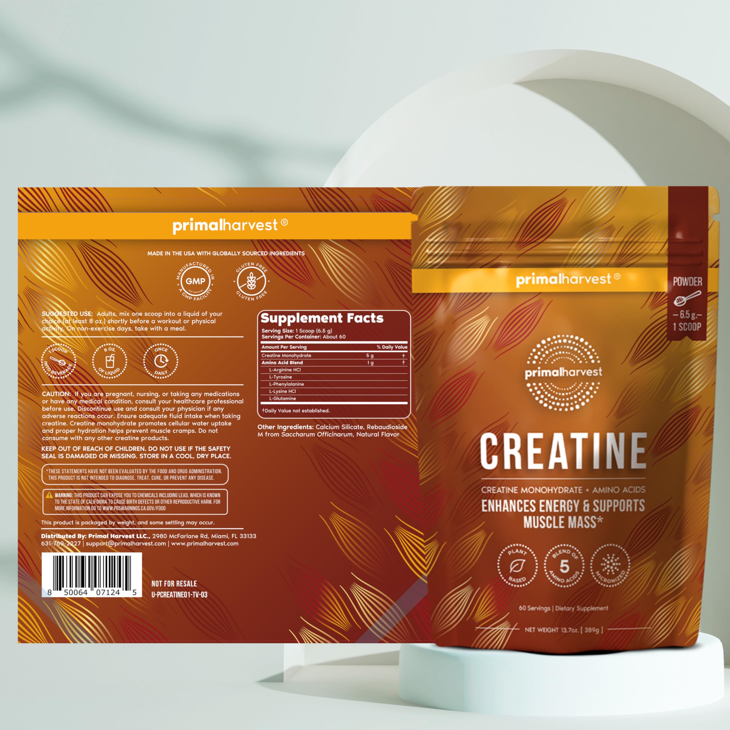 Primal Harvest etiqueta nutricional detallada con ingredientes y aminoácidos