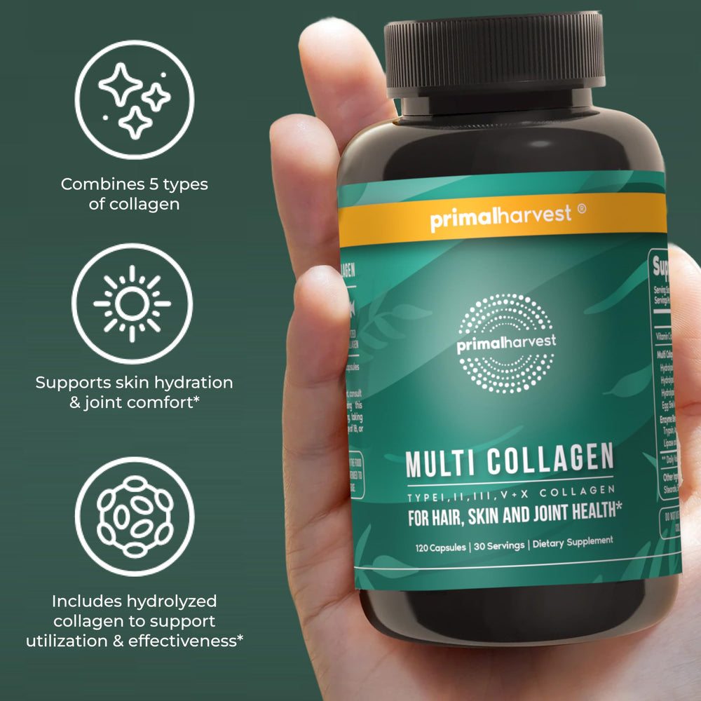 Primal Harvest capsules beside water glass showing recommended 4-capsule serving convenience